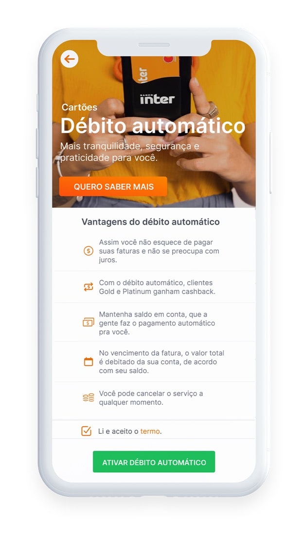 print da tela do super app inter mostrando como adicionar a fatura em débito automático como dica de como aumentar limite do cartão
