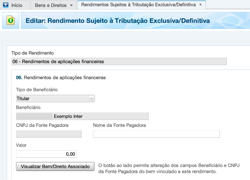 Programa da Receita Federal na seção Sujeito à Tributação Exclusiva/Definitiva
