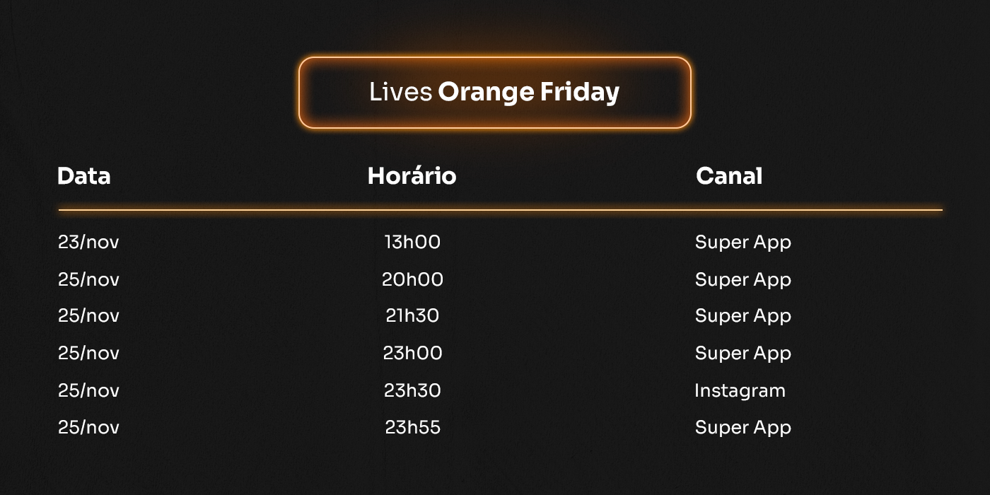 Cronograma de lives da Orange Friday