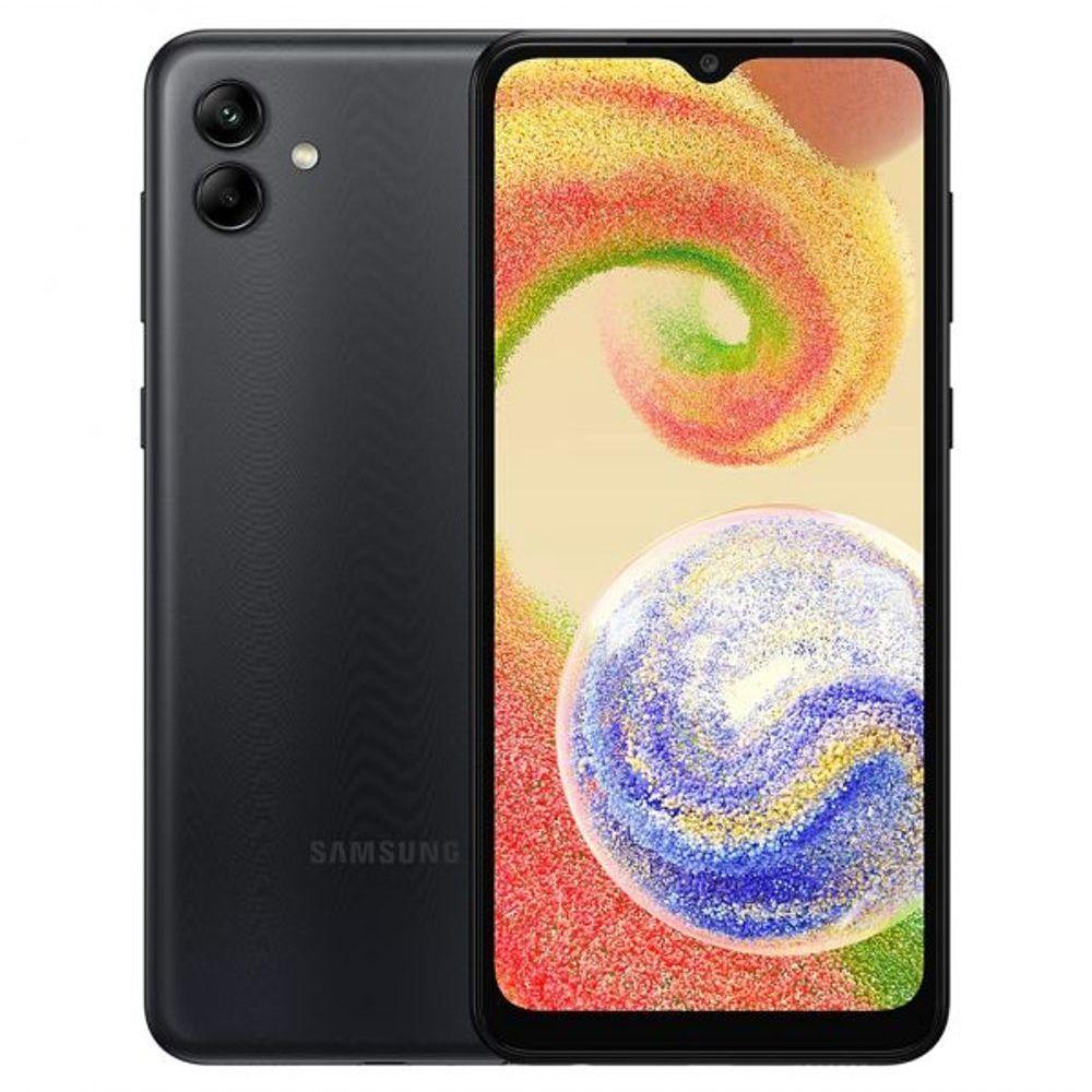 Samsung galaxy A04 preto com duas câmeras traseiras e imagem colorida na tela. 