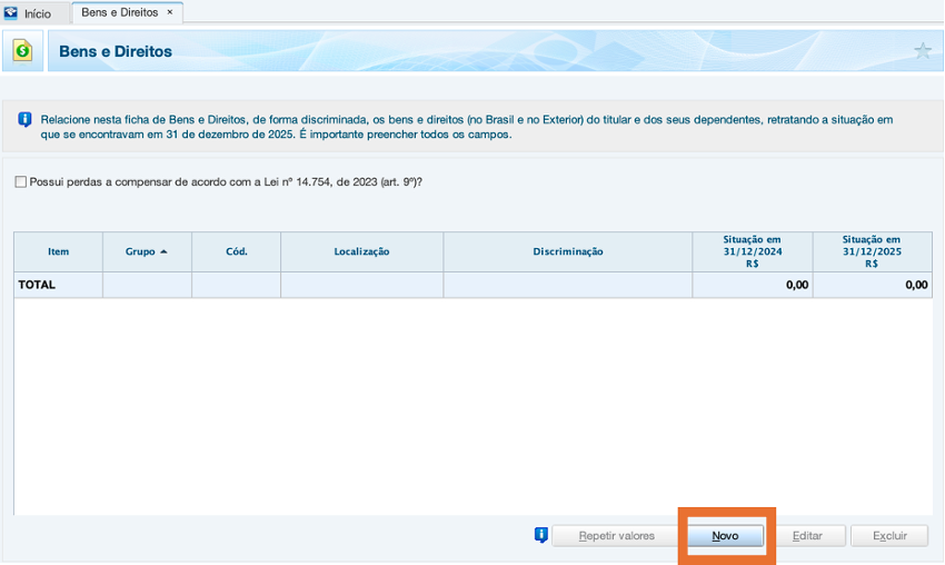Programa da Receita Federal na seção da Ficha de Bens e Direitos para criar uma declaração