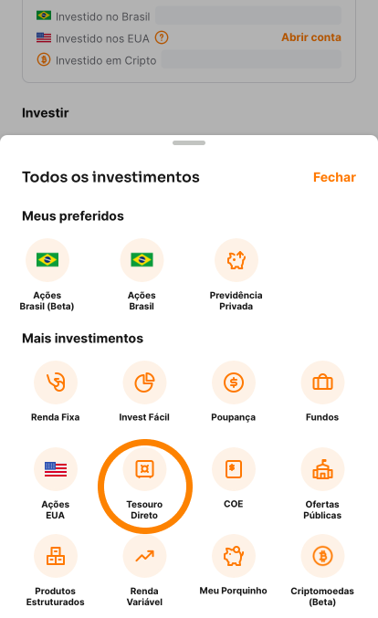 Tela do Super App da Inter Invest mostrando os tipos de investimentos disponíveis 