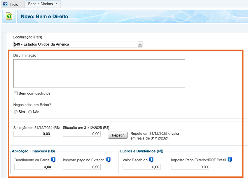 Programa da Receita Federal na seção para declarar investimentos no exterior