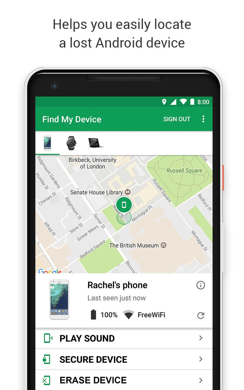 imagem da tela de um celular mostrando o aplicativo do Google Encontre meu dispositivo