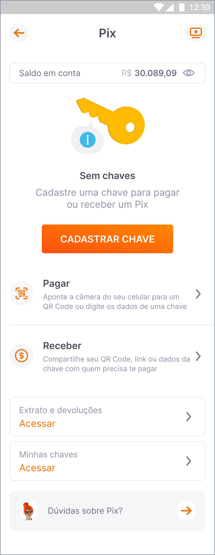 Visão do app Screenshot da tela de lista de chaves do PIX no app do Banco Inter