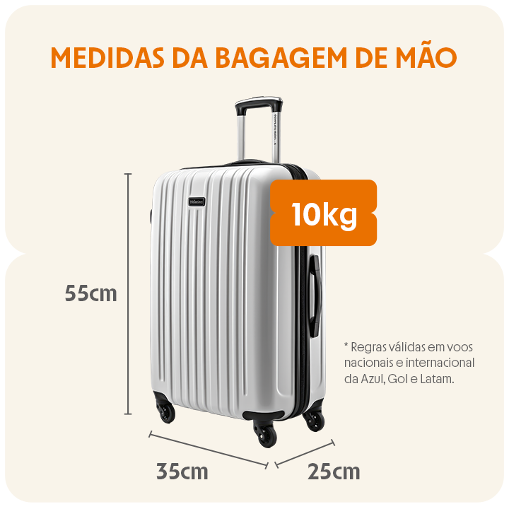 medidas da bagagem de mão com peso de 10 kg e tamanho de 55cmx35cmx25cm