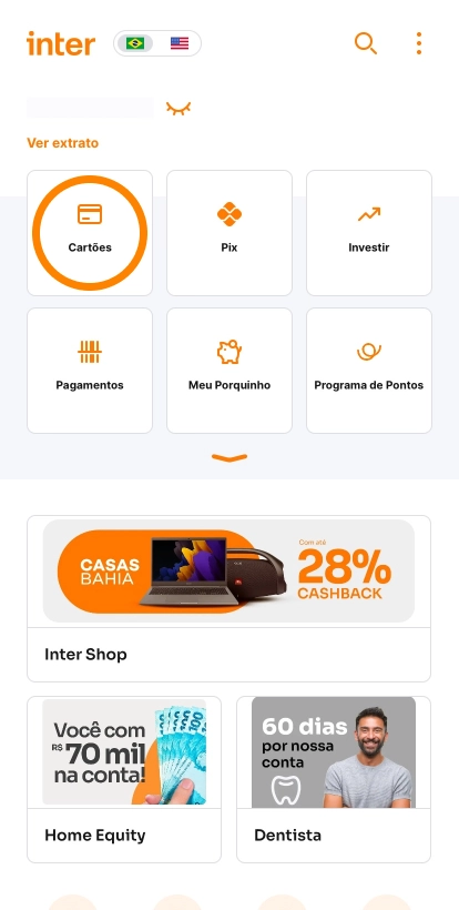 Tela do Super App do Inter mostrando como aumentar o limite do cartão