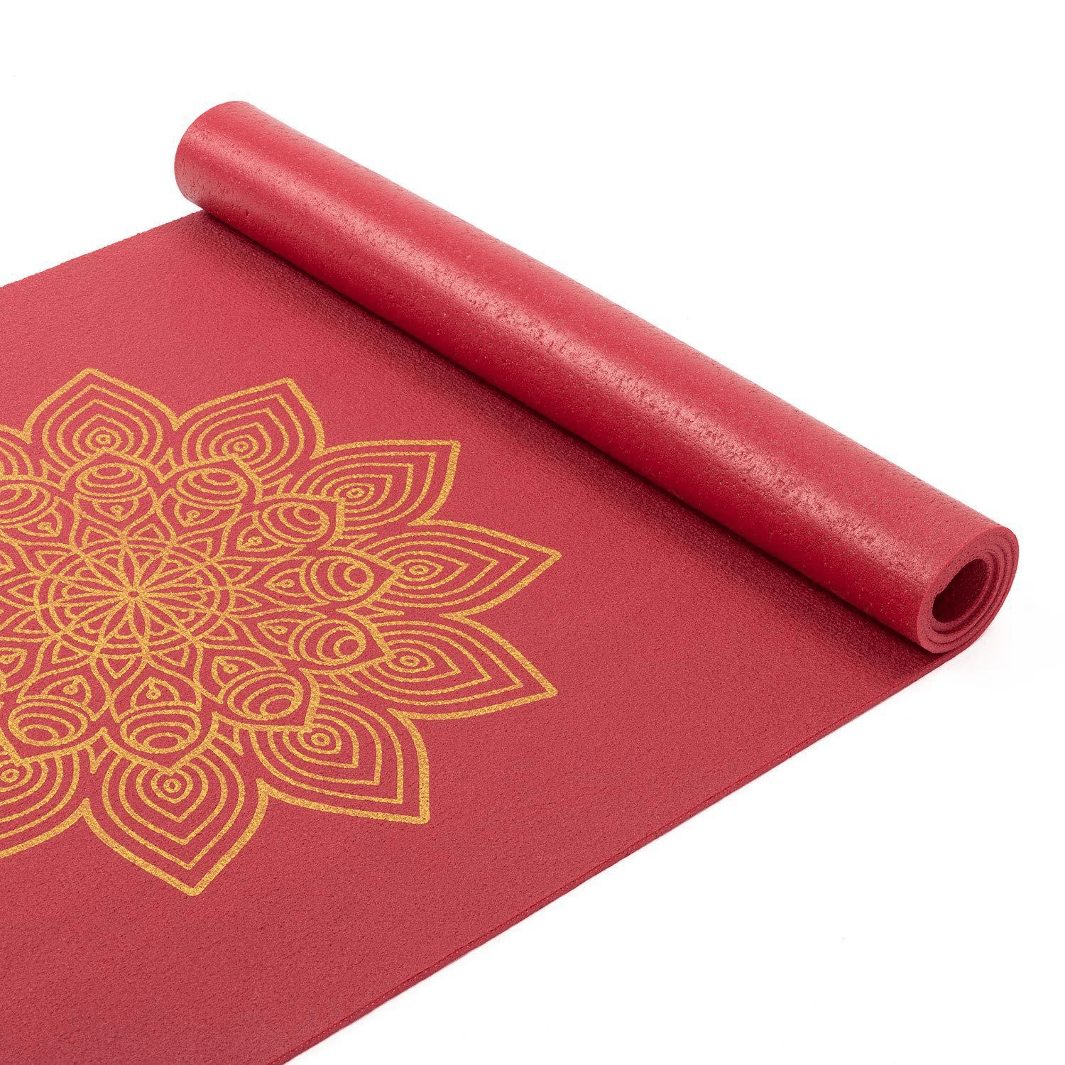 tapete de yoga vermelho com estrela dourada desenhada ao meio