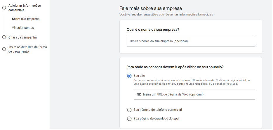 configurações iniciais da conta no Google Ads