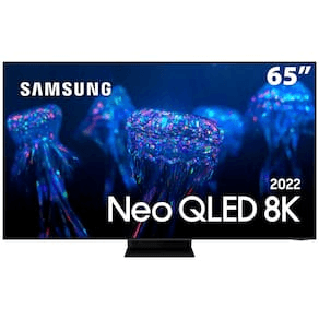 TV samsung neo qled 8k com imagem ilustrativa azul na tela de 65 polegadas