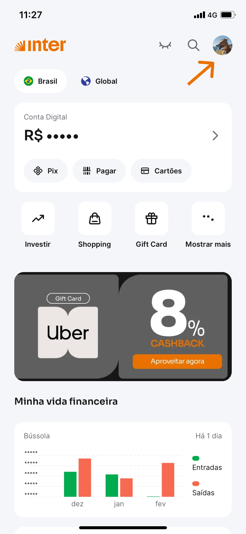 Tela do Super App do Inter com opções de acesso rápido 