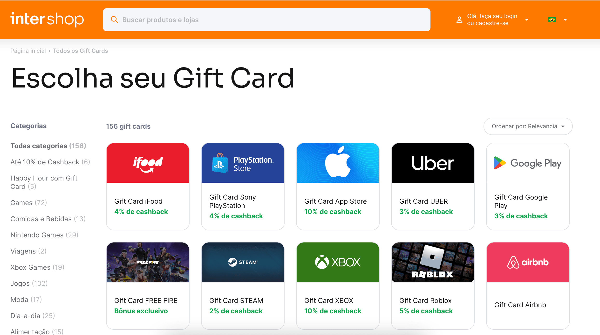 tela do site do Inter Shop mostrando vários tipoos de gift card, como do ifood, playstation store, apple, uber, google play e outros.