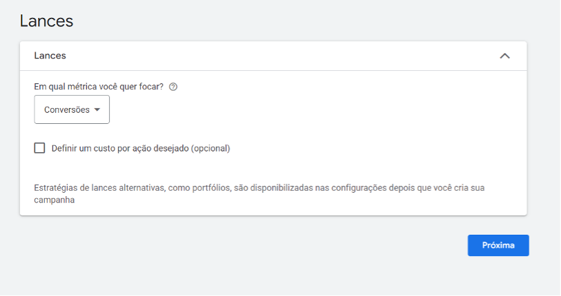 Opção de lance no Google Ads