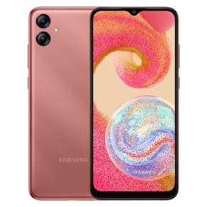 Samsung galaxy A04e na cor cobre com duas câmeras traseiras e imagem ilustrativa na tela. 