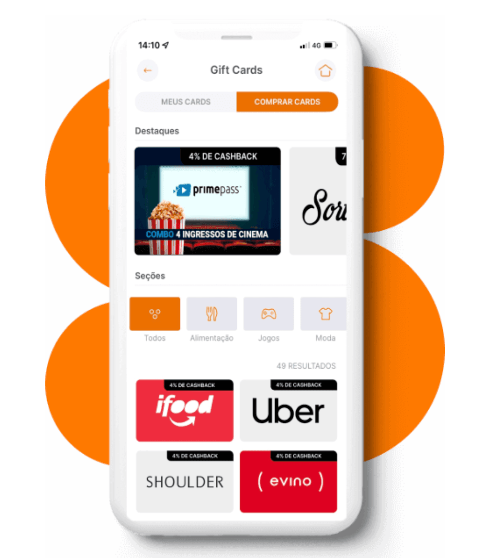 tela do Super App mostrando as lojas disponíveis para comprar com o Gift Card Inter