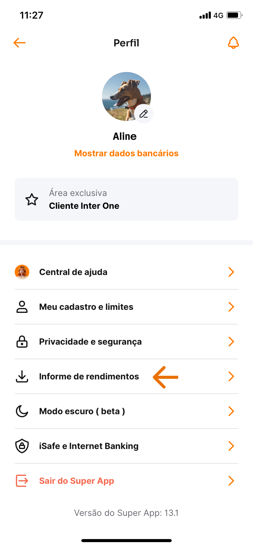 Tela do Super App do Inter mostrando a opção de informe de rendimentos 