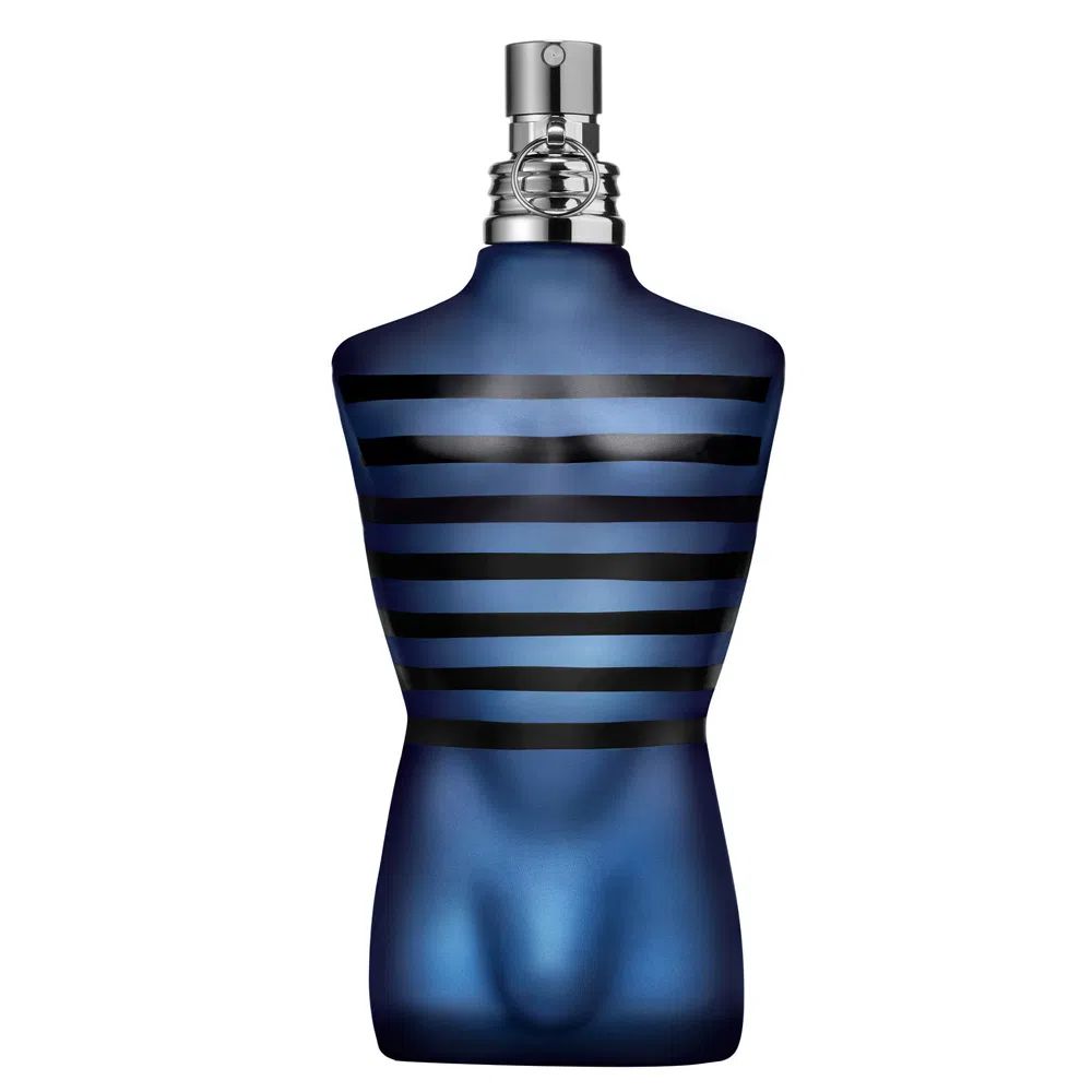 embalagem de perfume masculino semelhante a um busto de homem com vidro transparente mostrando líquido azul.