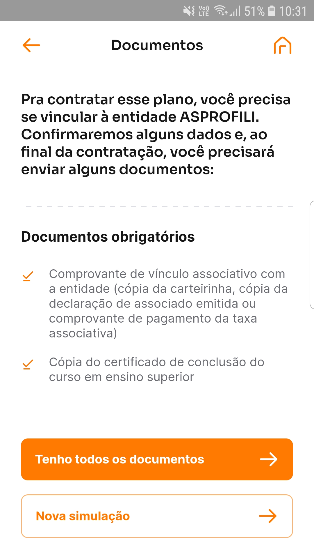 screenshot do aplicativo Inter da aba de documentos para filiação 