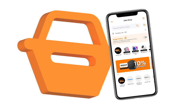 ícone de compras laranjas posicionado ao lado do celular mostrando o Inter Shop no Super App Inter