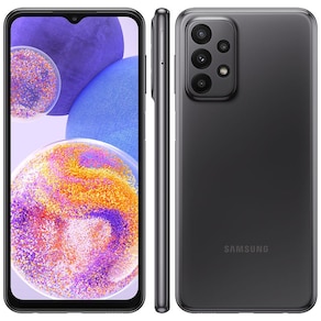 celular Samsung Galaxy A23 com tela de frente e fundo do celular mostrando as câmeras