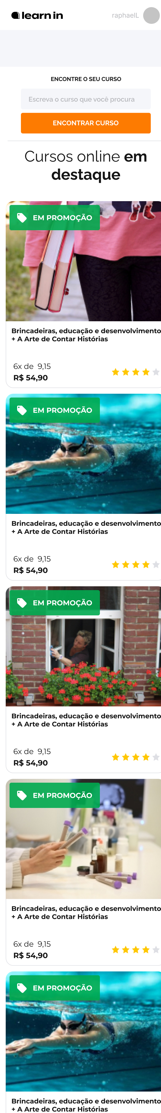 Learn In Tela do aplicativo Inter mostrando opções de cursos disponíveis no Learn In