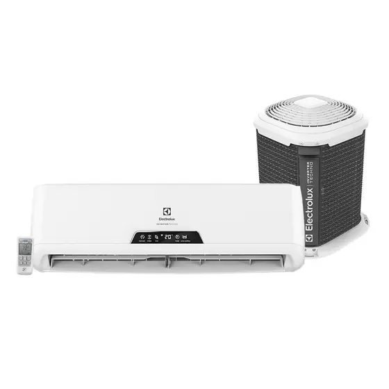 ar condicionado electrolux branco com visor preto no centro inferior e cooler de ventilação ao lado.