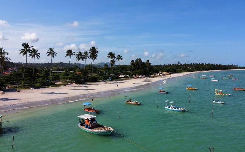 praia  vista de cima com vários barcos ancorados e coqueiros ao fundo