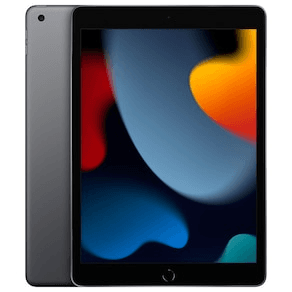 Tablet preto com botão embaixo e imagem colorida na tela