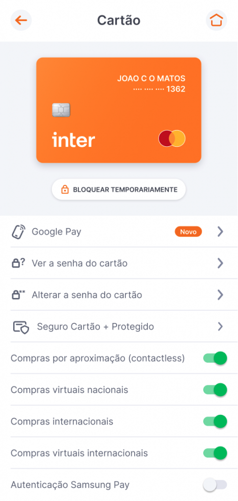 Aba de Cartões app Inter