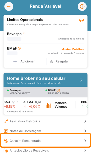 Tela do Home Broker da Inter Invest mostrando as opções de investimentos 