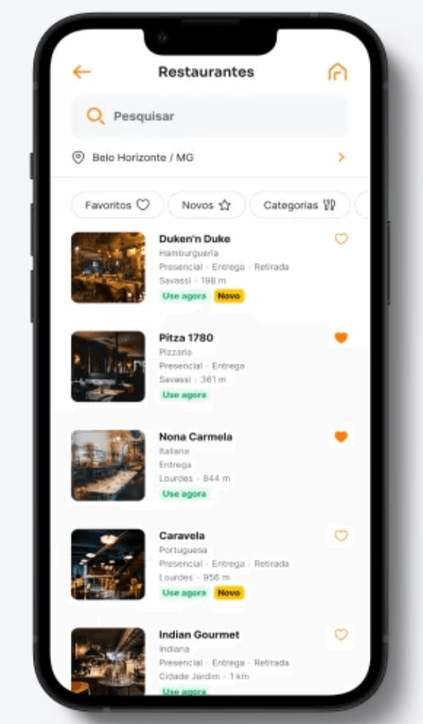 tela do celular mostrando os restaurantes perto de mim no Duo Gourmet app