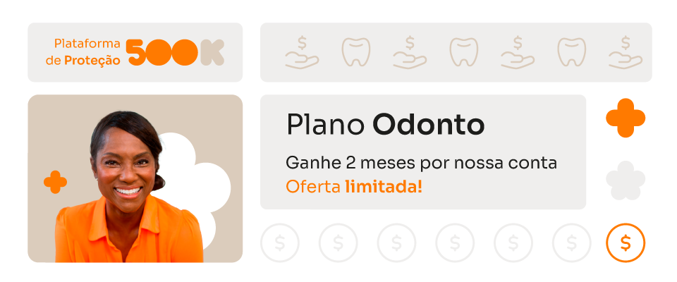 As regras e condições de utilização e carência deste plano promocional são as mesmas do Plano Standard. Banner mostra foto de mulher sorrindo e condições especiais de plano odonto: 2 meses por nossa conta.