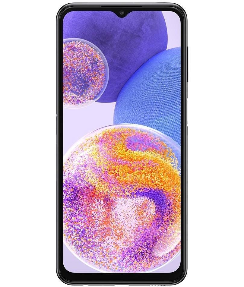 Galaxy A23 preto com imagem colorida ilustrativa na tela. 