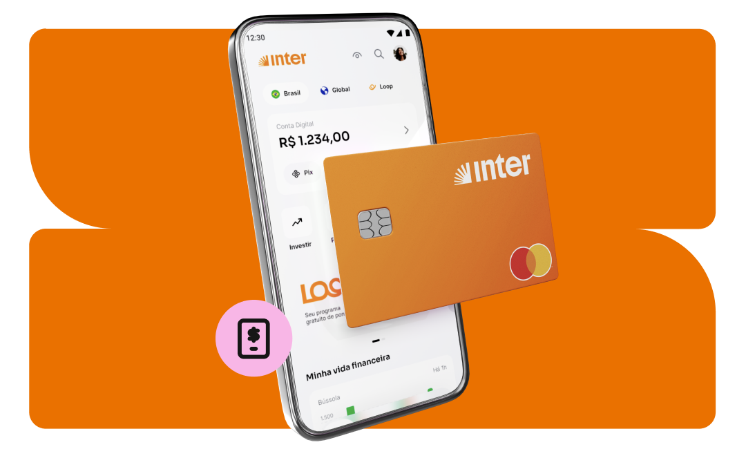 Aparelho de telefone aberto na tela do super app do Banco Inter, em fundo laranja.