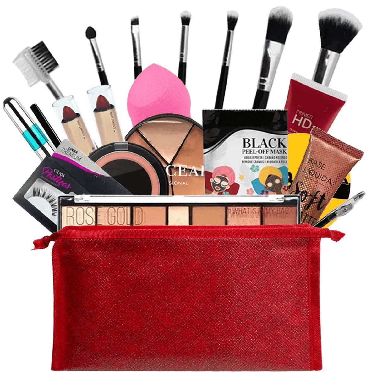 Kit de maquiagem completo com vários itens, pincéis e maquiagens em uma necessaire vermelha
