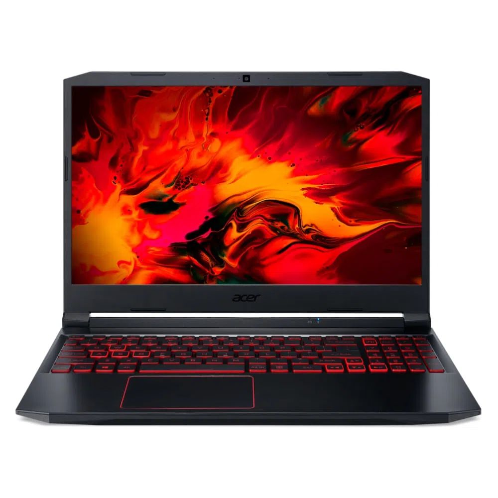 notebook gamer acer com detalhe de luz vermelha no teclado e fundo de tela abstrata