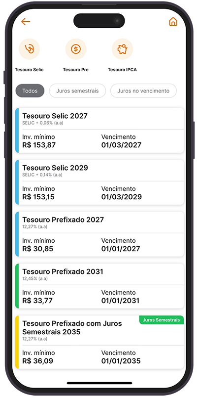 Tela do Super App do Inter com os investimentos do Tesouro Direto 