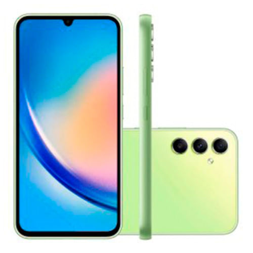 Smartphone Galaxy A34 com fundo verde e imagem ilustrativa na tela. 
