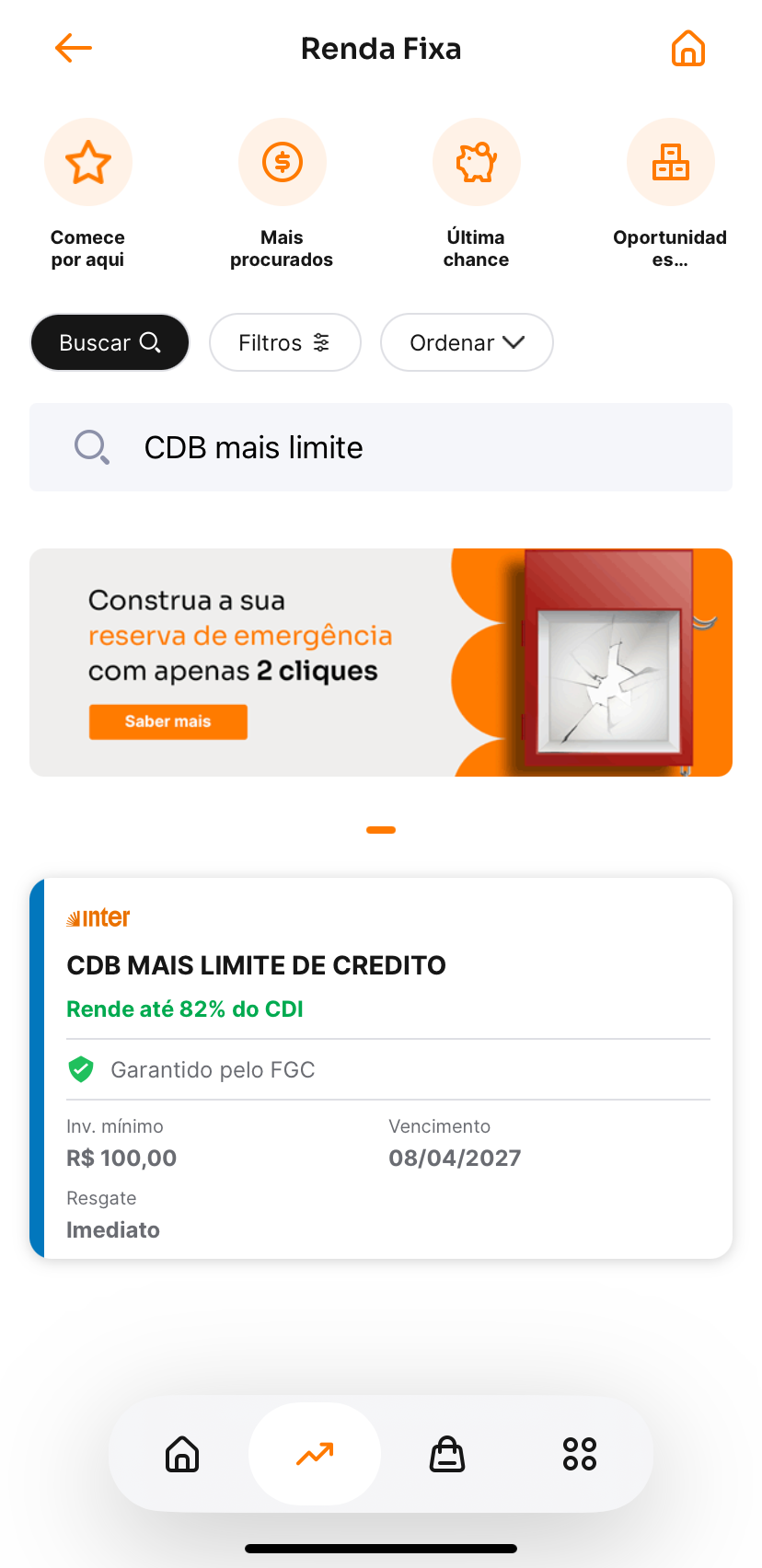 Tela do Super App do Inter mostrando o CDB mais limite de crédito