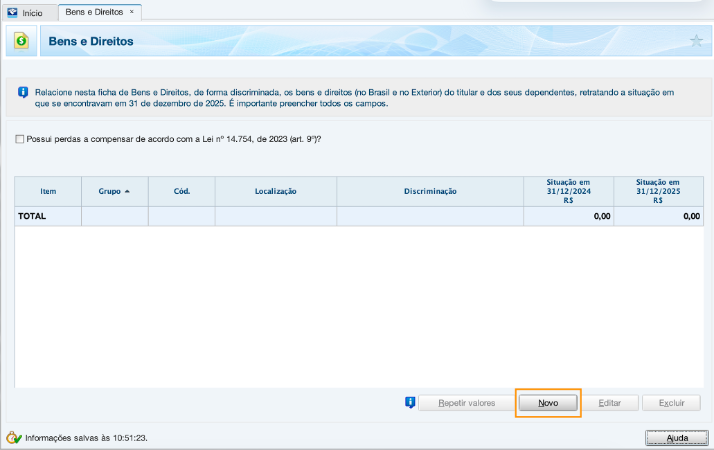 Criando uma nova declaração de Imposto de Renda na seção Bens e Direitos Tela da Receita Federal mostrando como criar uma nova declaração de investimentos no exterior