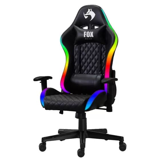 cadeira gamer preta com detalhes coloridos nas cores rgb nas extremidades da poltrona