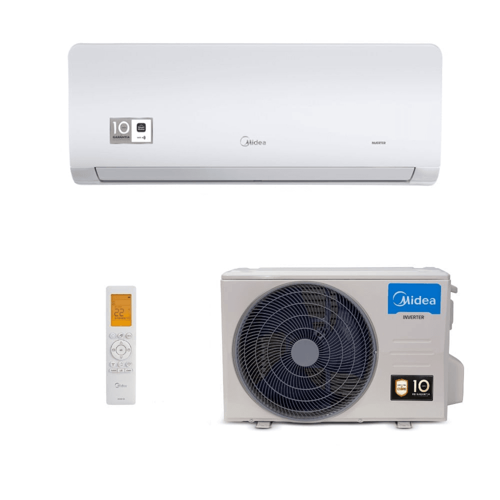 ar-condicionado midea mostrand aparelho interno, cooler externo e controle remoto
