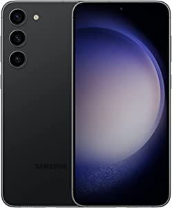 Samsung Galaxy S23 preto com imagem da tela frontal e das três câmeras traseiras