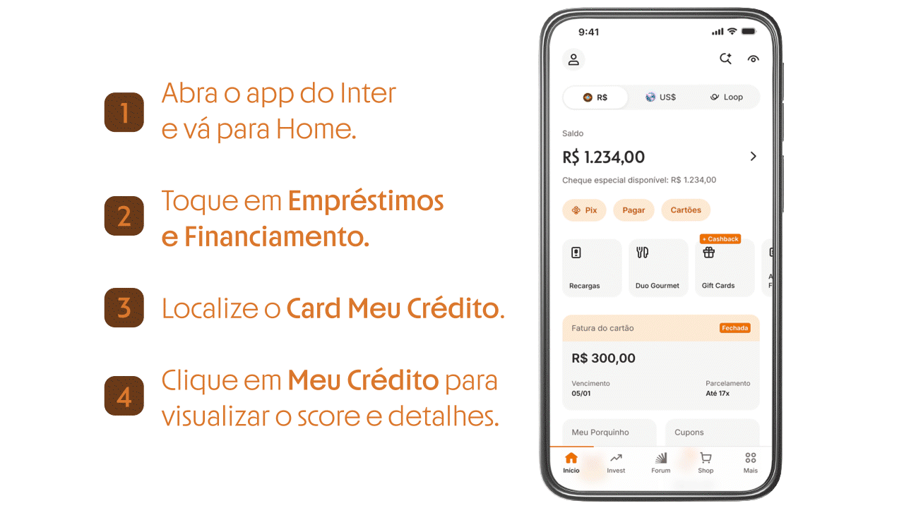 Passo a passo Meu Crédito Lista com passo a passo no Super App mostrando como acessar o Meu Crédito.