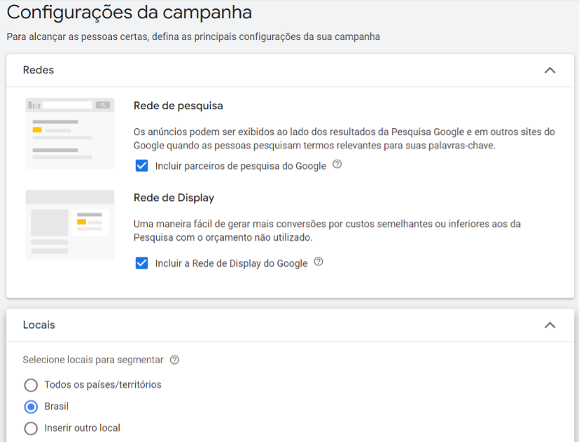 Configurações da campanha no Google Ads