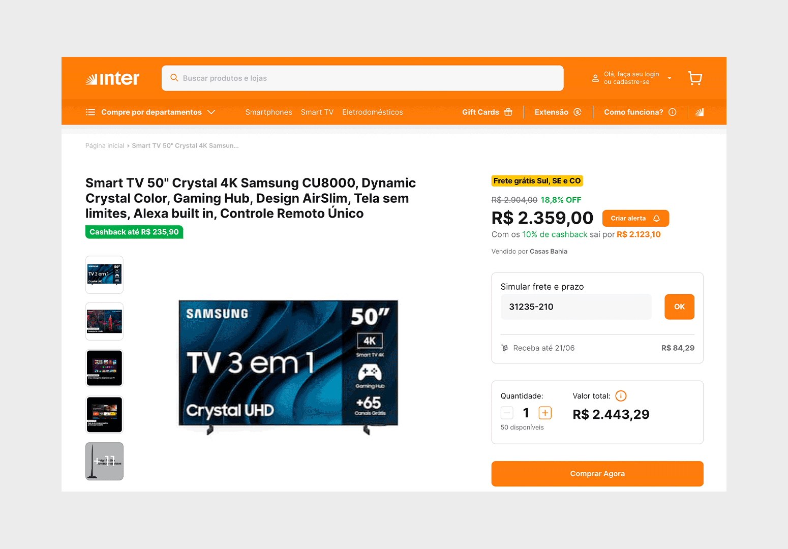 Telas do Shopping do Inter mostrando como criar alerta de preço e sugerir o valor após escolher o produto pra monitorar ofertas.