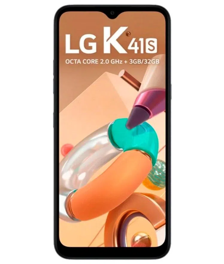 celular LGk41s preto com imagem ilustrativa na tela.