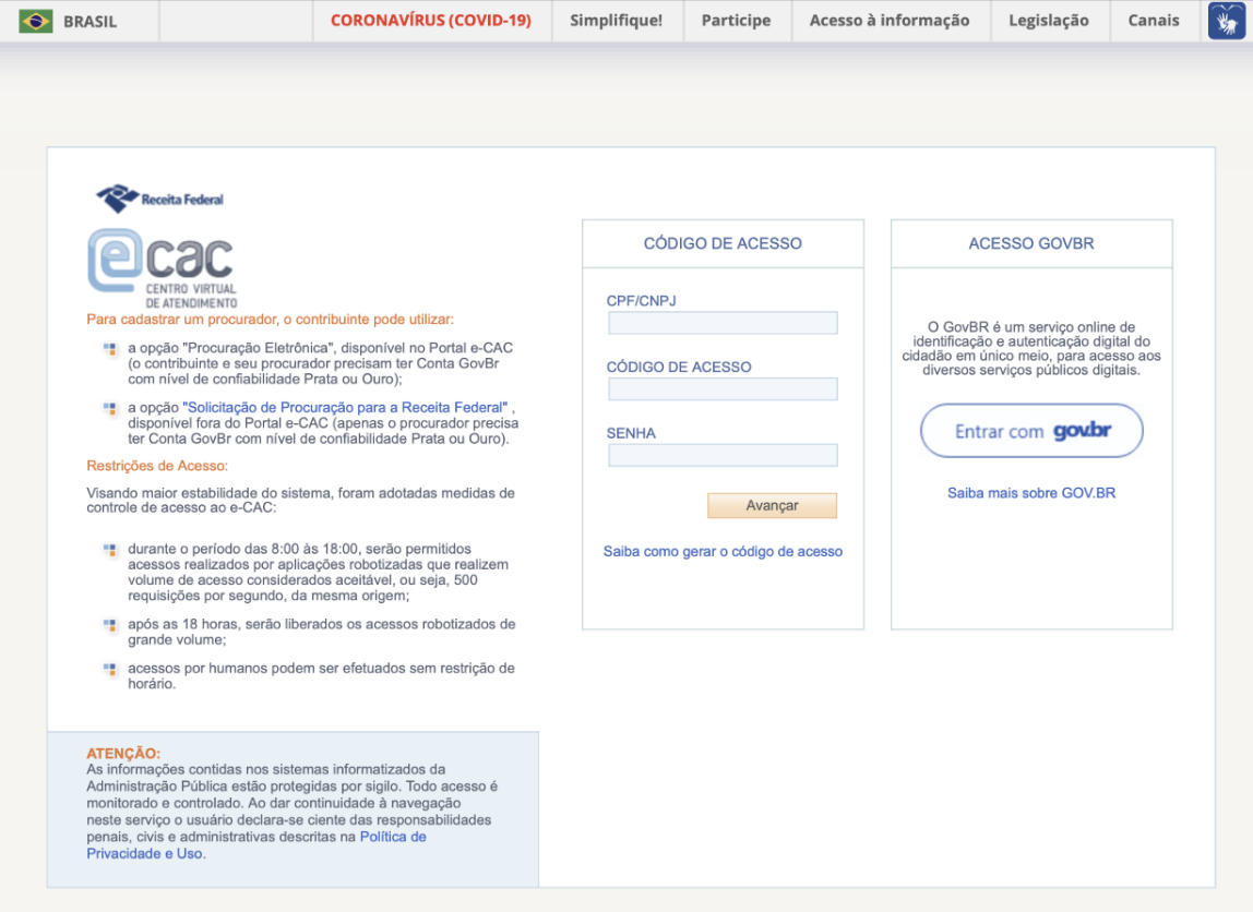 Tela de login do Portal e-Cac da Receita Federal     