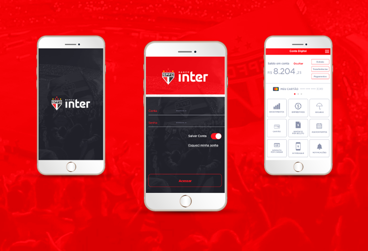Telas do novo aplicativo do Banco Inter para torcedores do SPFC