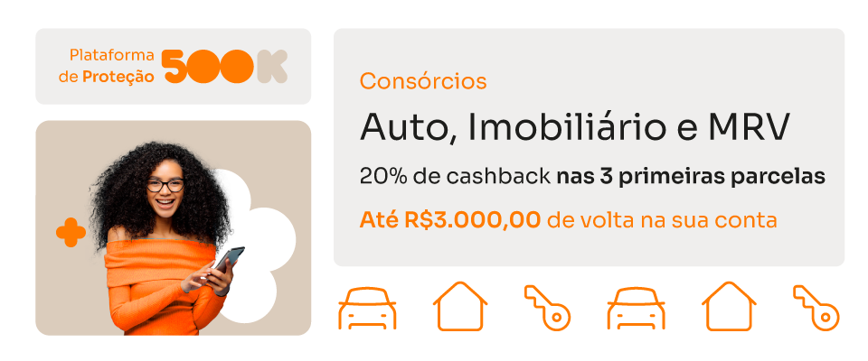 Cashback disponível na sua conta até os dias 10/08/2021, 10/09/2021 e 10/10/2021. Banner mostra foto de mulher sorrindo e condições especiais de consórcio: 20% de cashback nas 3 primeiras parcelas.